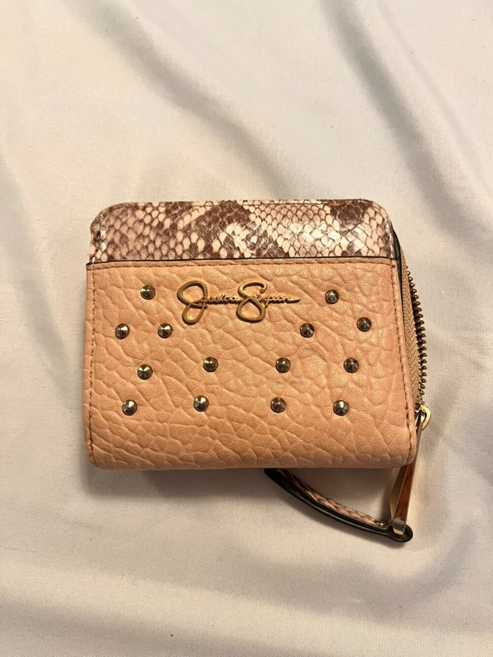 Jessica Simpson Blush Pink Snake Print Studded Bifold Zip Around Mini Wallet